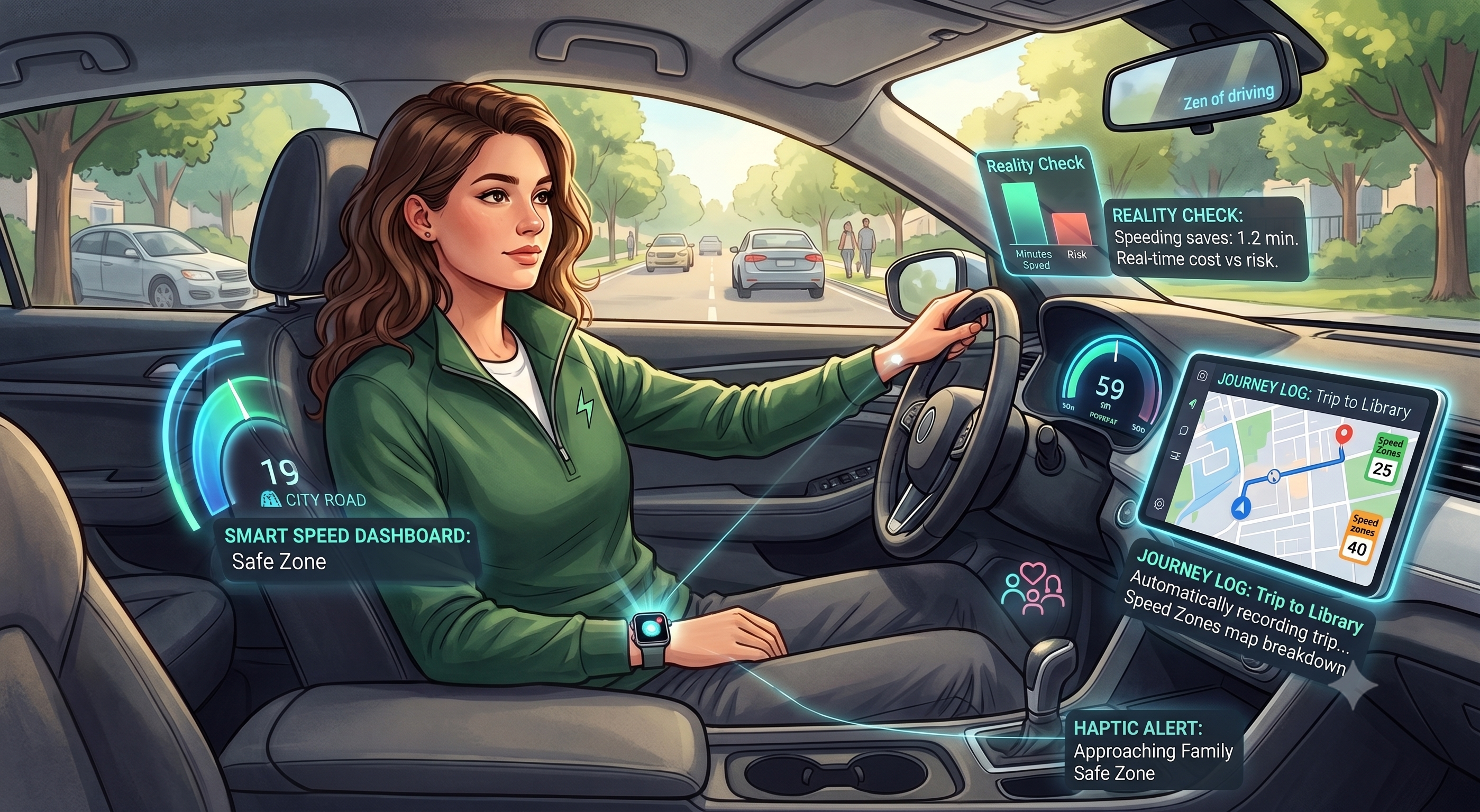 Mindful Traveler app interface showing safe driving and family security features